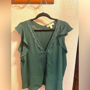 Michael Kors - V-Neck - Lace Trim - Green Blouse